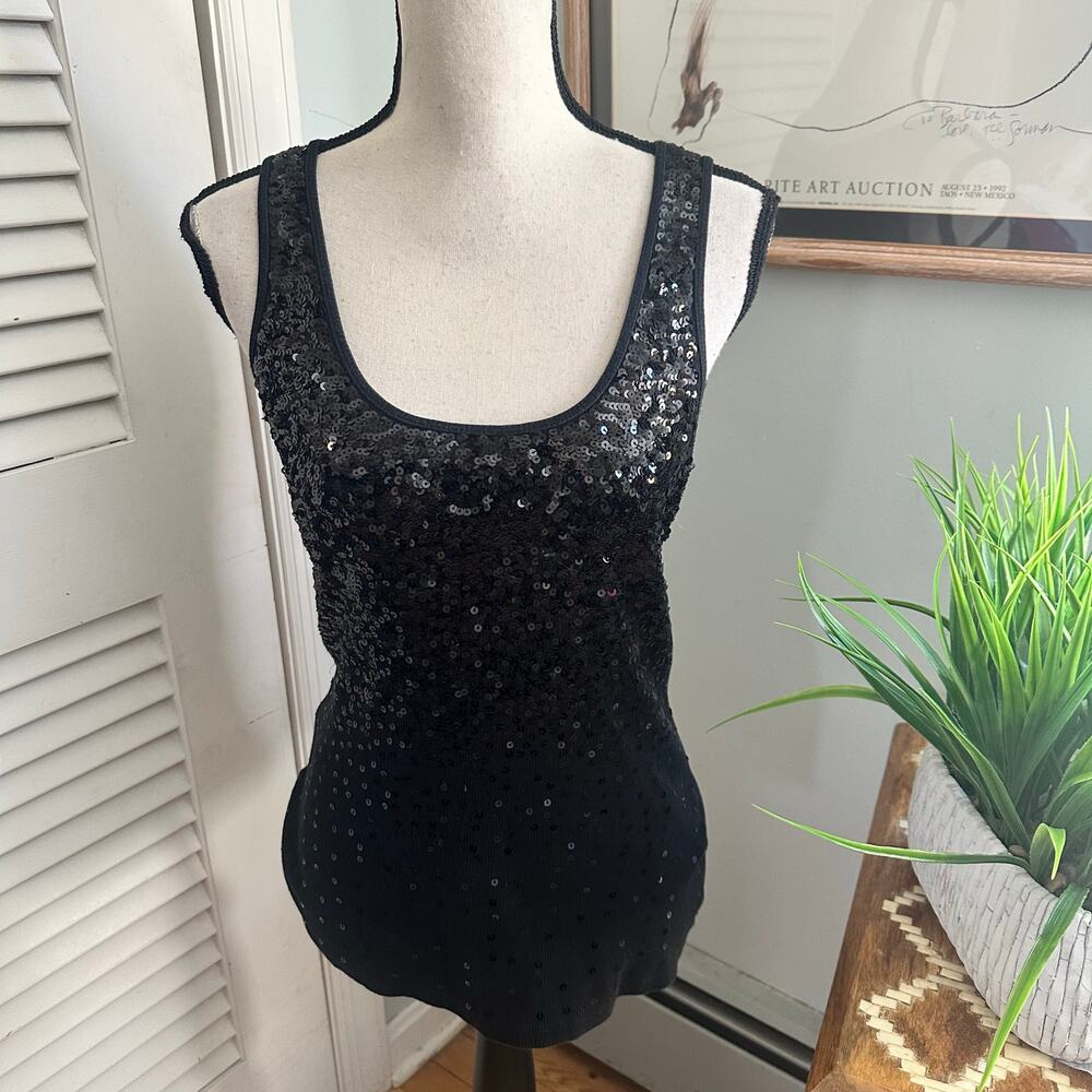 Express Tank Top Womens Medium Black Sequin Sexy Basic Coquette Holiday Y2K NYE
